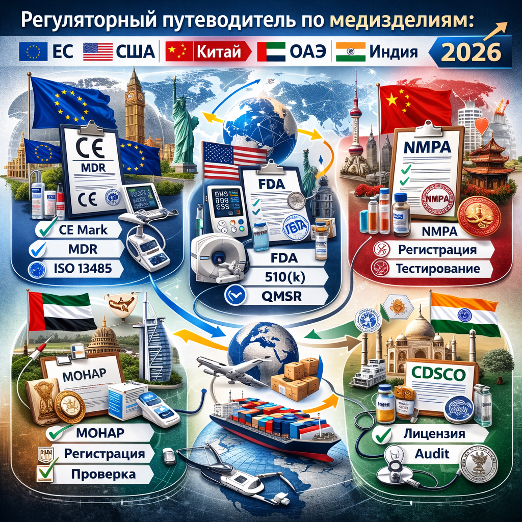 Регуляторный путеводитель по медизделиям: ЕС, США, Китай, ОАЭ и Индия 2026