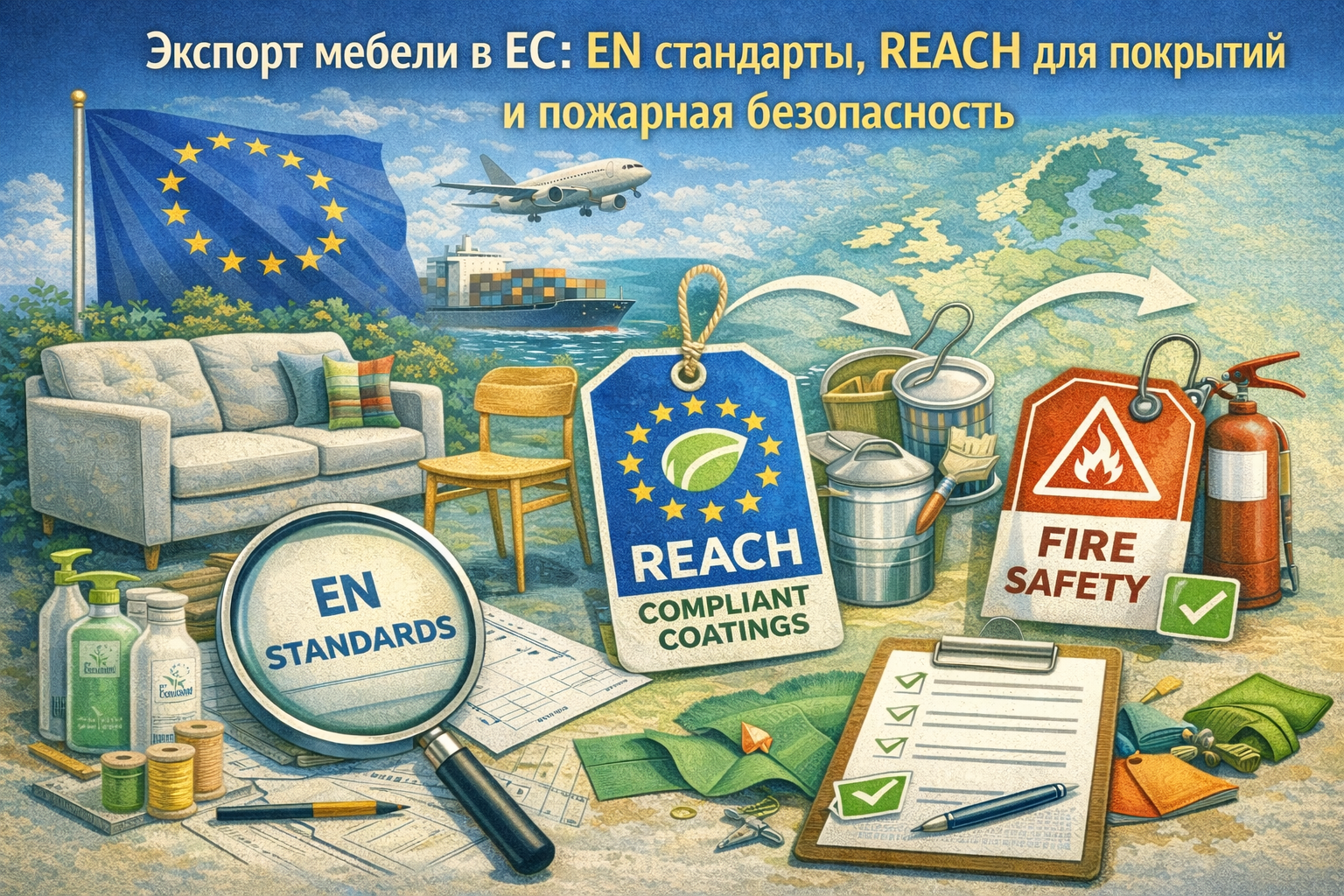 Экспорт мебели в ЕС: EN стандарты, REACH для покрытий и пожарная безопасность