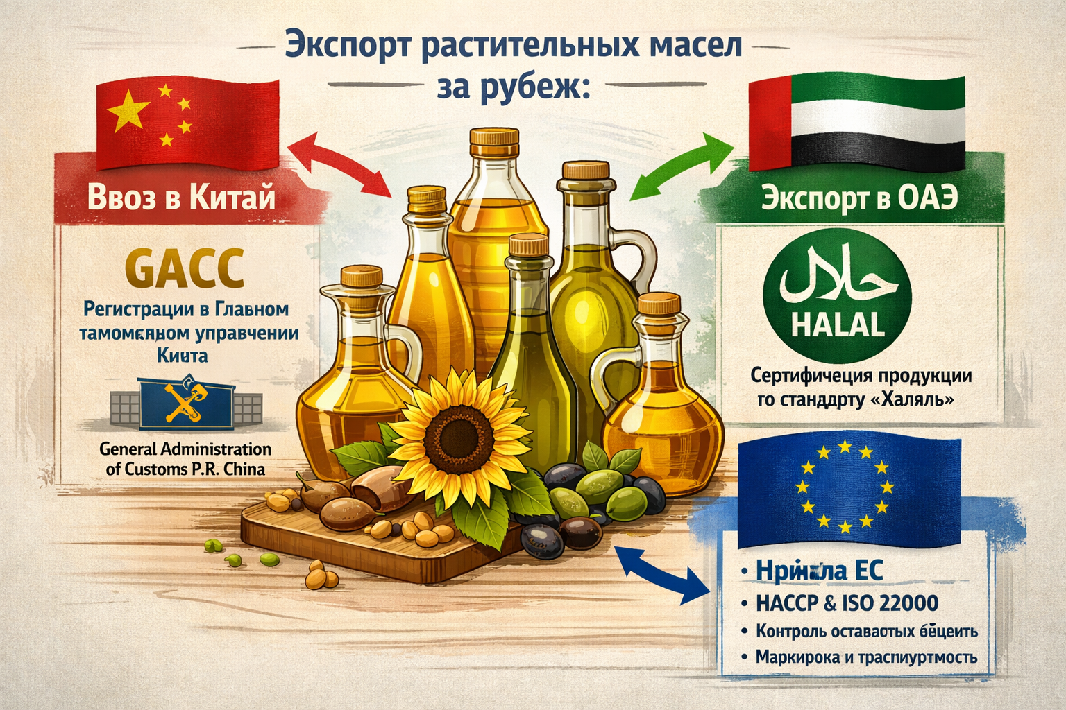 Экспорт растительных масел за рубеж: GACC для Китая, Halal для ОАЭ, требования ЕС