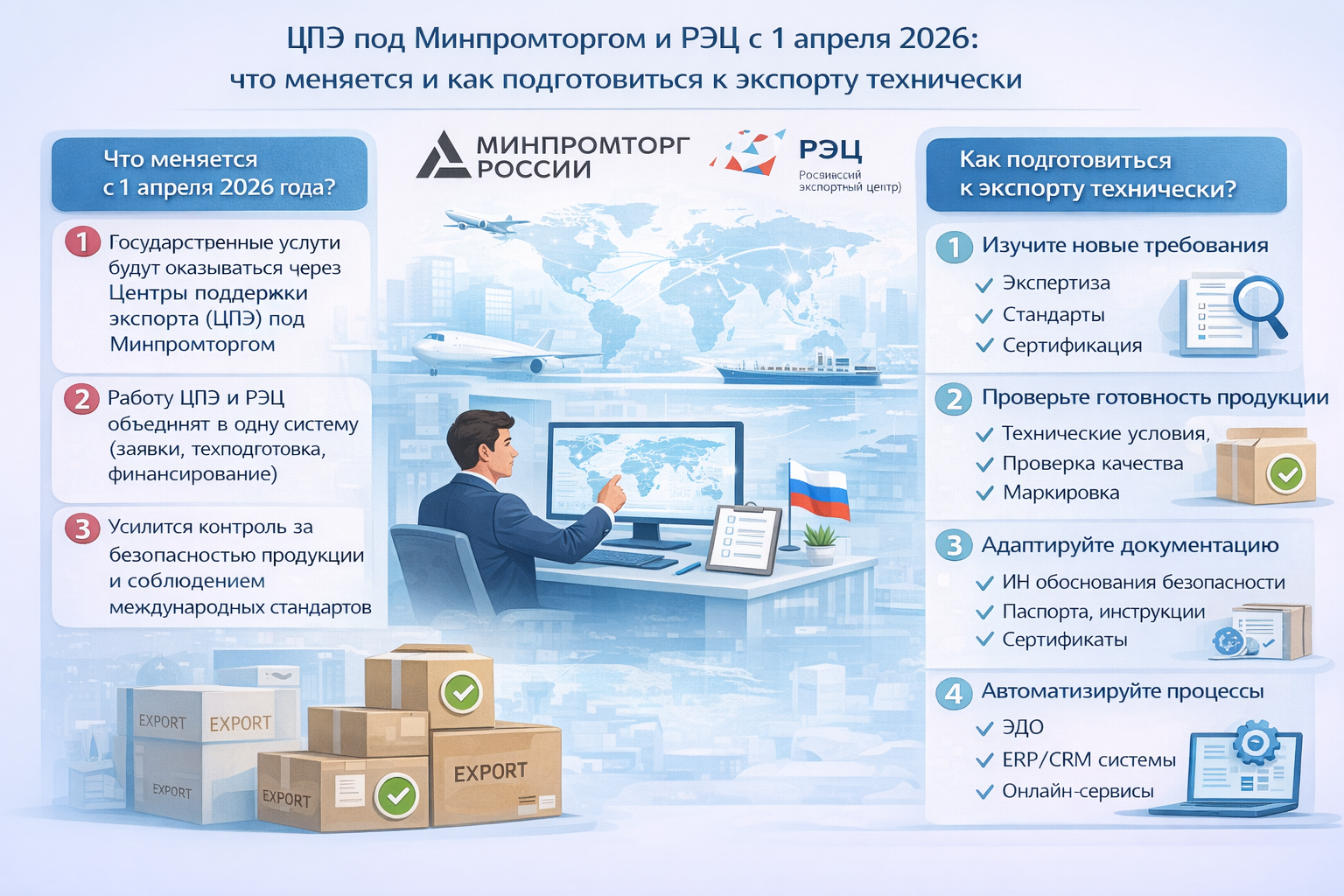 ЦПЭ под Минпромторгом и РЭЦ с 1 апреля 2026: что меняется и как подготовиться к экспорту технически