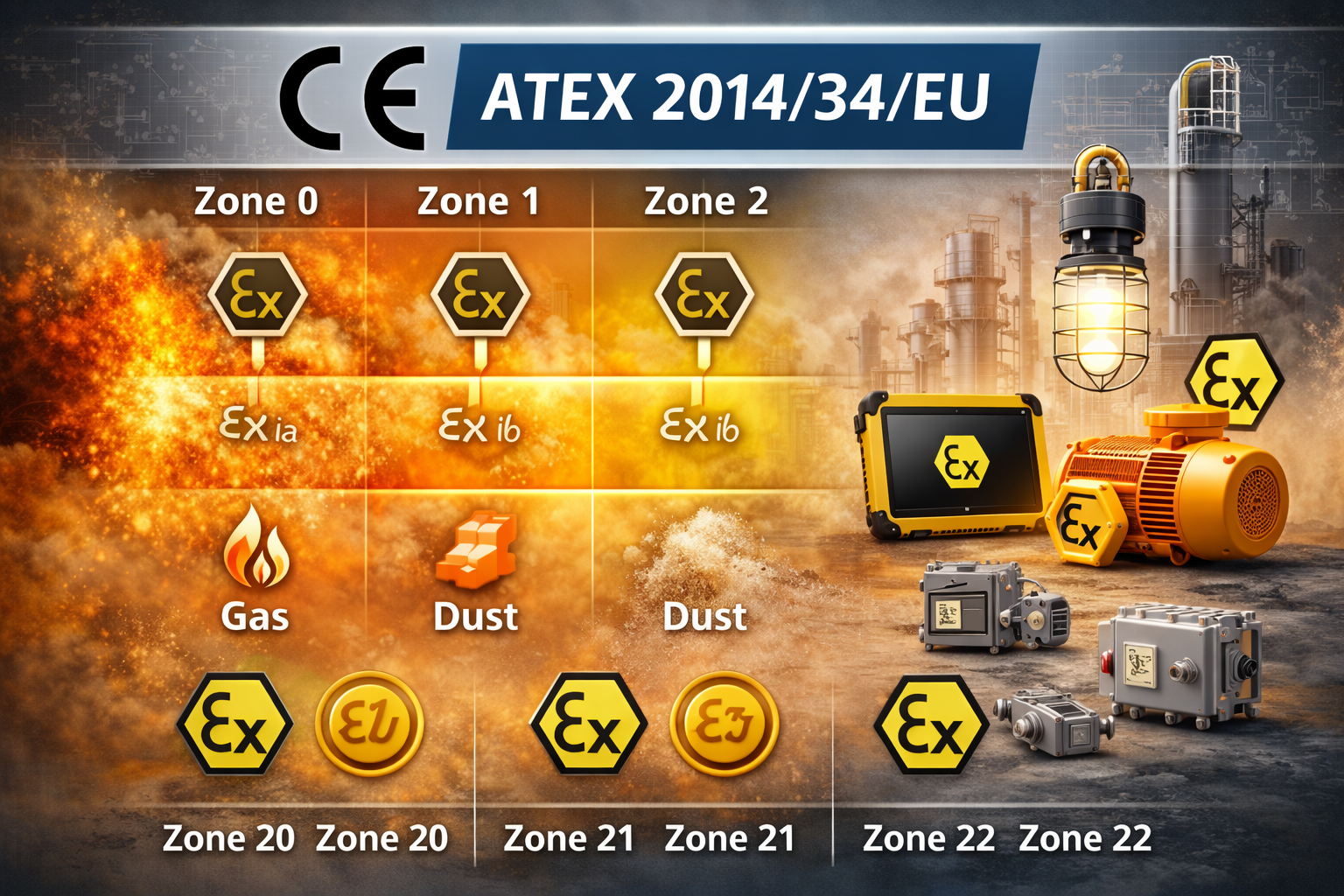 CE маркировка по ATEX 2014/34/EU — категории взрывоопасных зон и требования к оборудованию для рынка ЕС