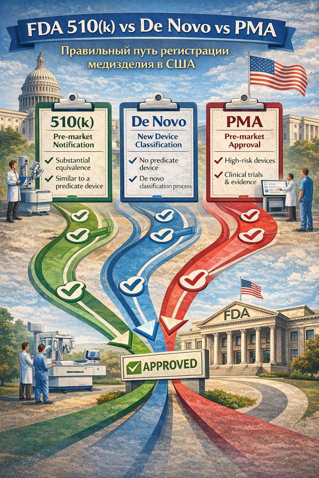 FDA 510(k) vs De Novo vs PMA: правильный путь регистрации медизделия в США