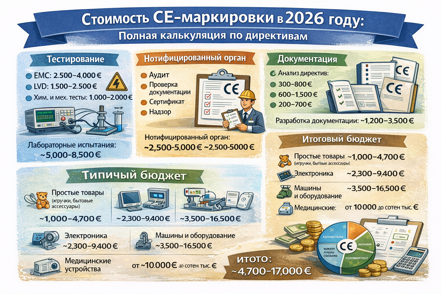 Стоимость CE маркировки в 2026 году — полная калькуляция по директивам