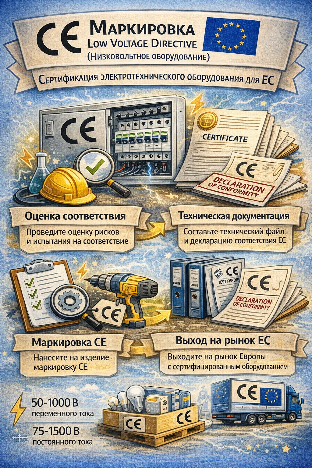 CE маркировка по Low Voltage Directive 2014/35/EU — электрооборудование для рынка Европейского союза