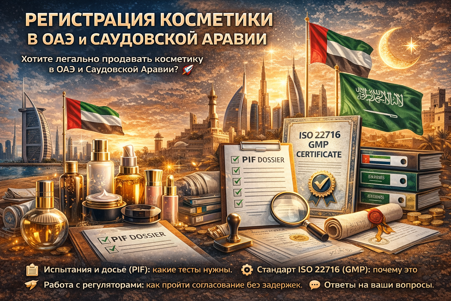 Регистрация косметики в ОАЭ и Саудовской Аравии: требования CPNP, SFDA, ISO 22716