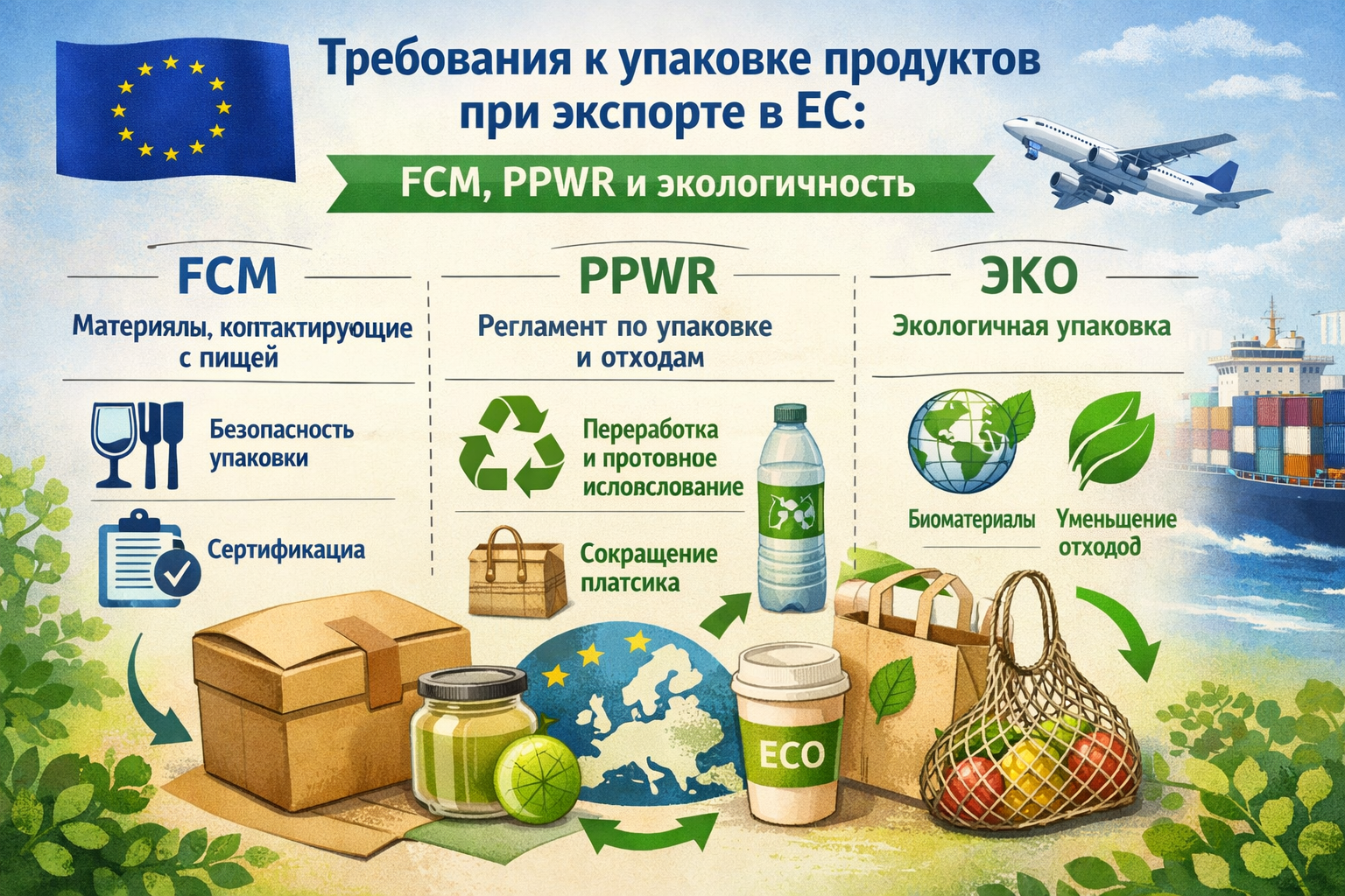 Упаковка продуктов для экспорта в ЕС: требования FCM и PPWR 2026