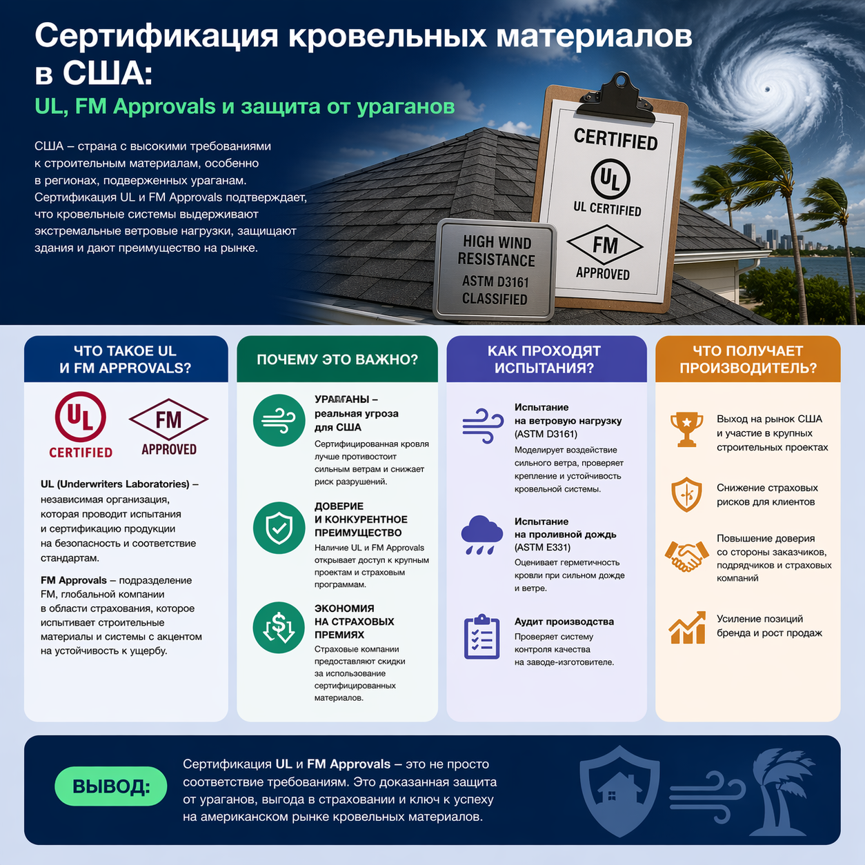 Сертификация кровельных материалов в США: UL, FM Approvals и защита от ураганов
