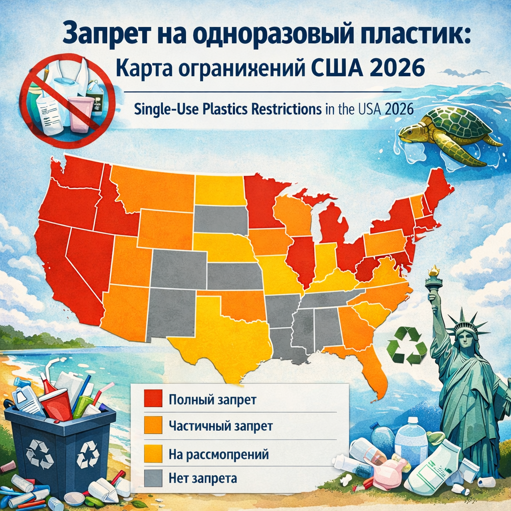 Запрет на одноразовый пластик (Single-Use Plastics): Карта ограничений США 2026