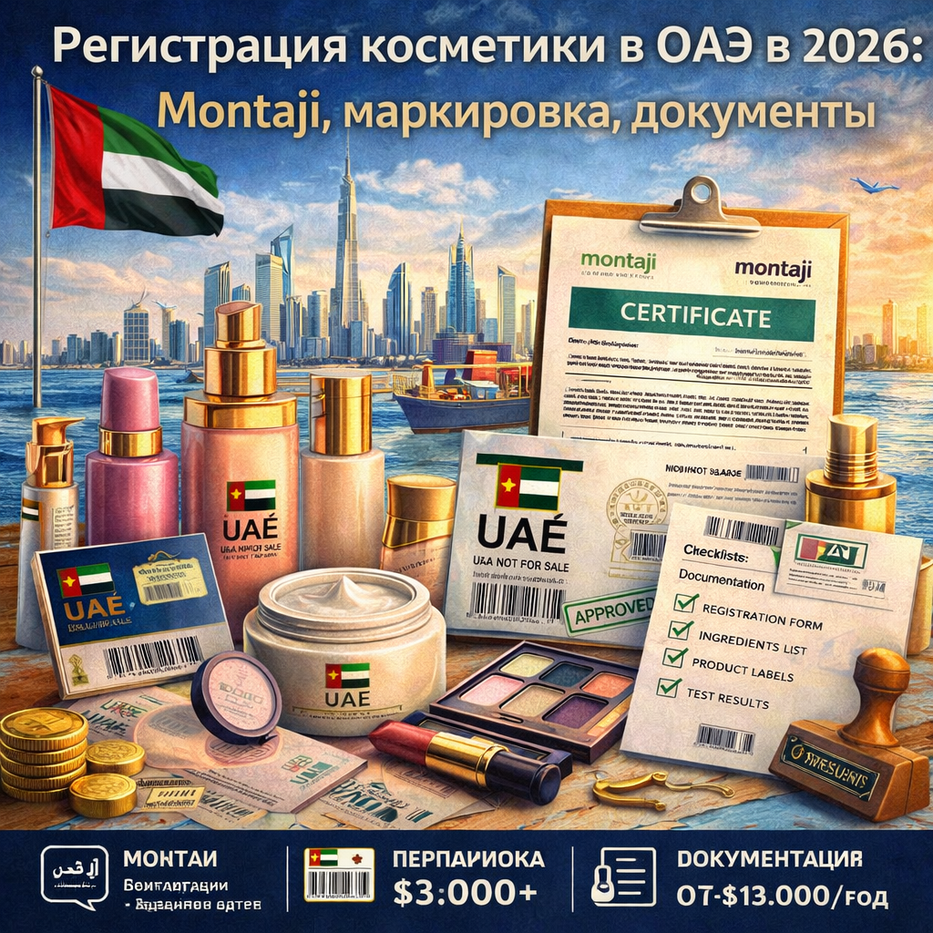 Регистрация косметики в ОАЭ в 2026: Montaji, маркировка, документы