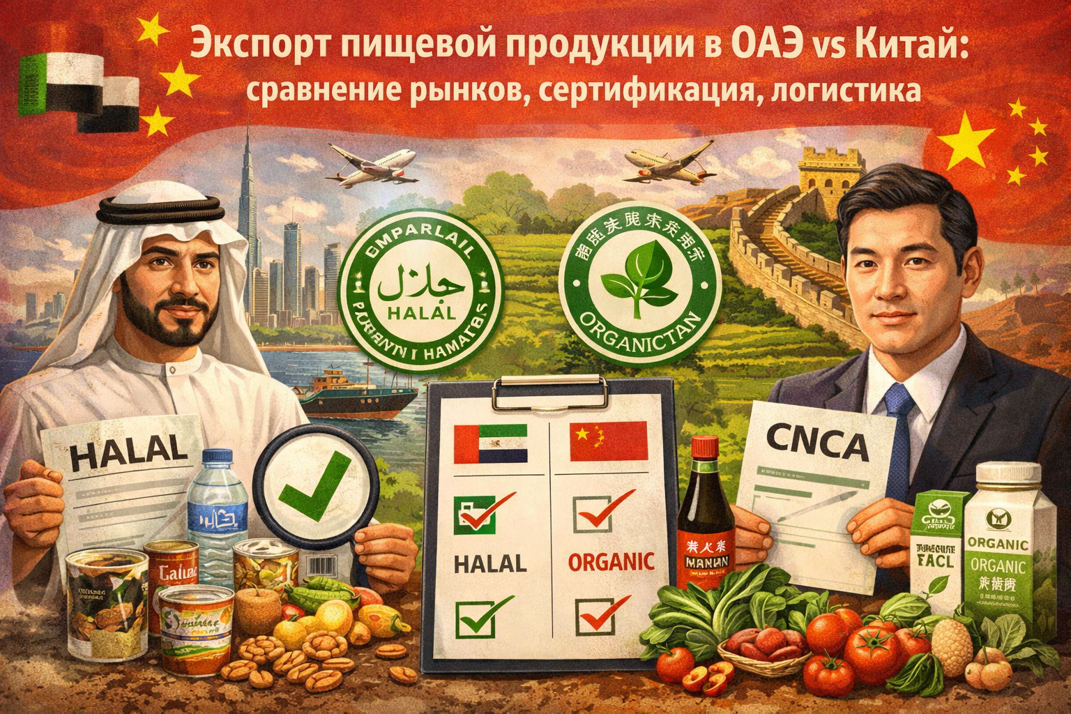 Экспорт пищевой продукции в ОАЭ vs Китай: сравнение рынков, сертификация, логистика