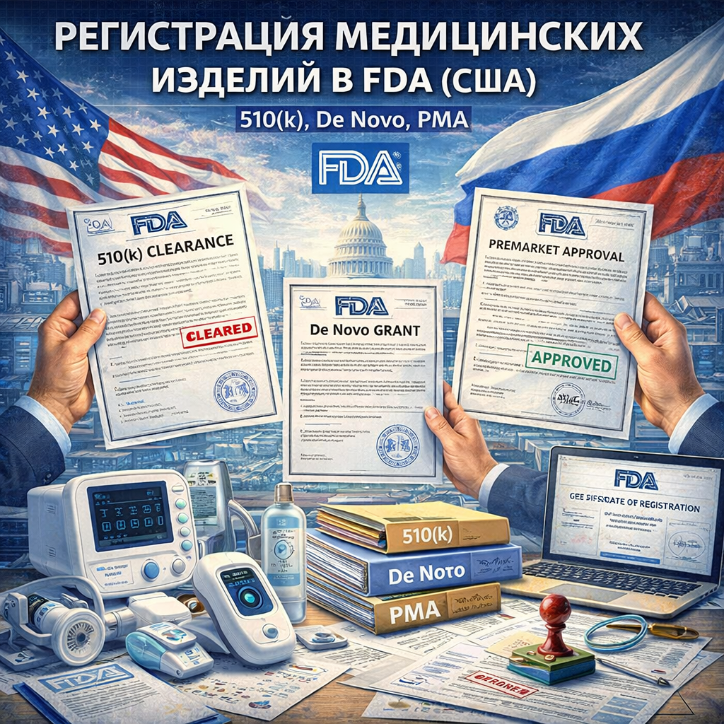 Регистрация медицинских изделий в FDA (США) 2026: 510(k), De Novo, PMA