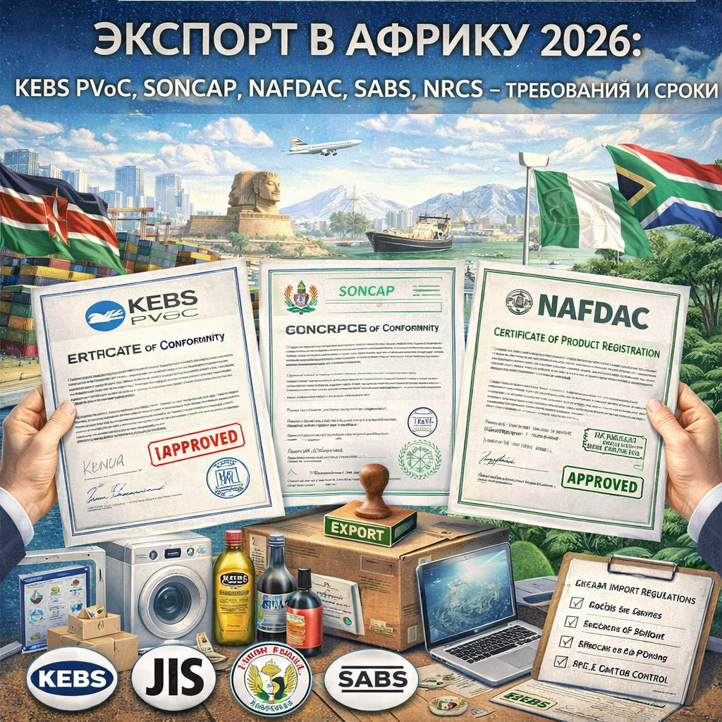 Экспорт в Африку 2026: KEBS PVoC, SONCAP NAFDAC, SABS NRCS — требования и сроки