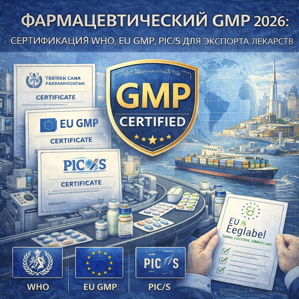 Фармацевтический GMP 2026: сертификация WHO, EU GMP, PIC/S для экспорта лекарств
