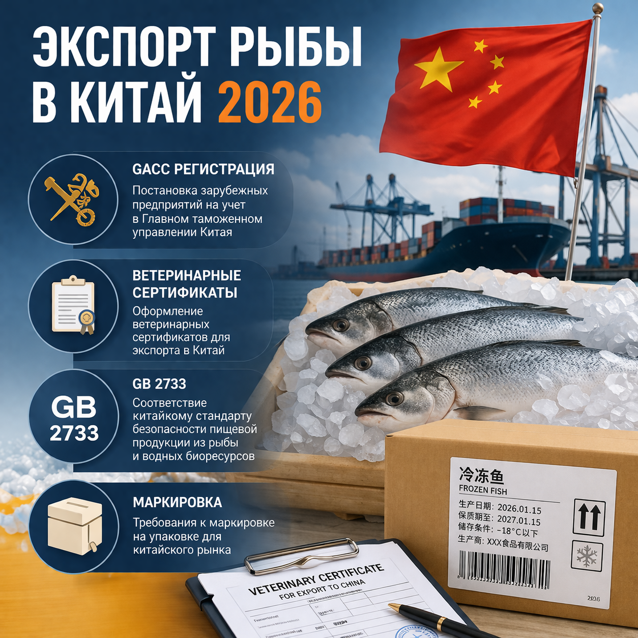 Экспорт рыбы в Китай 2026: GACC регистрация, ветеринарные сертификаты, GB 2733, маркировка