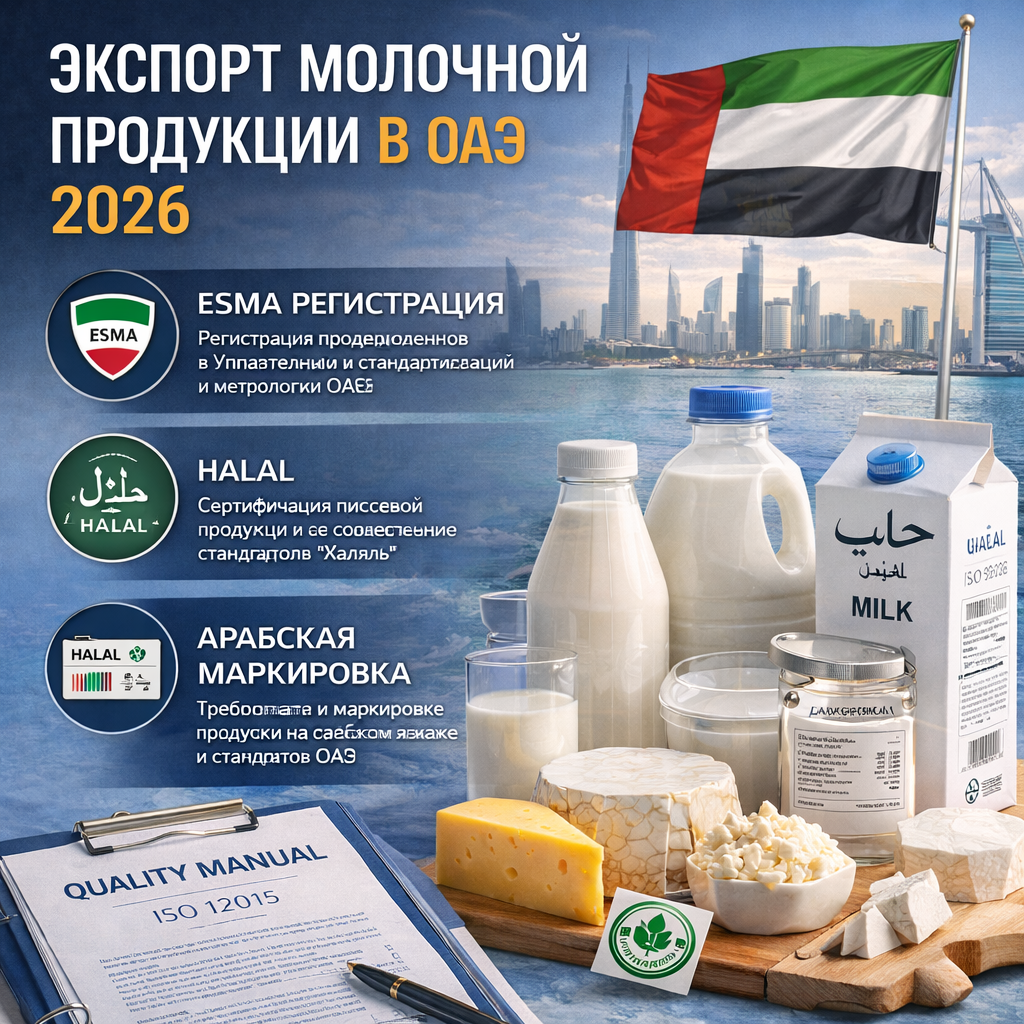 Экспорт молочной продукции в ОАЭ 2026: ESMA регистрация, Halal, арабская маркировка