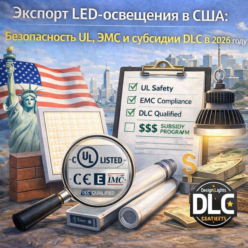 Экспорт LED-освещения в США: Безопасность UL, ЭМС и субсидии DLC в 2026 году
