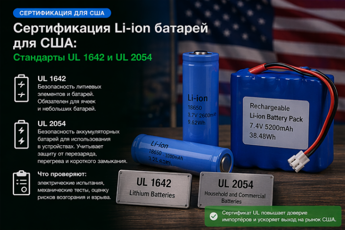 Сертификация Li-ion батарей для США: Стандарты UL 1642 и UL 2054