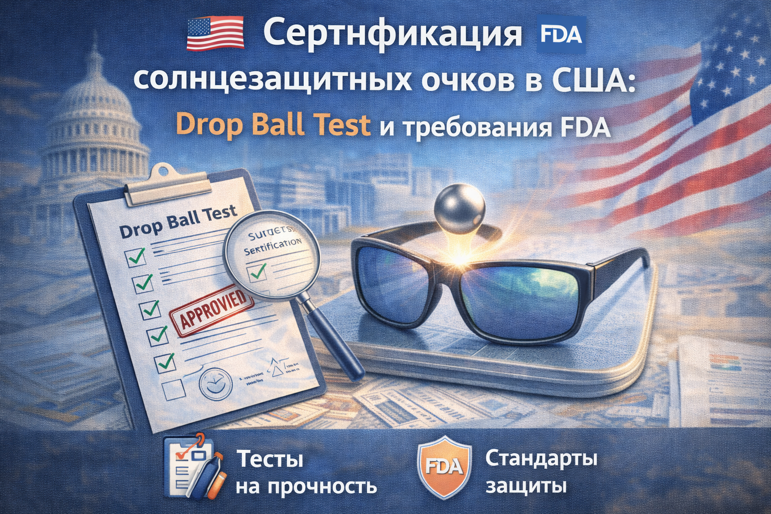 Сертификация солнцезащитных очков в США: Drop Ball Test и требования FDA