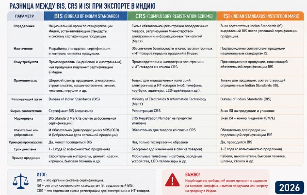 Разница между BIS, CRS и ISI при экспорте в Индию